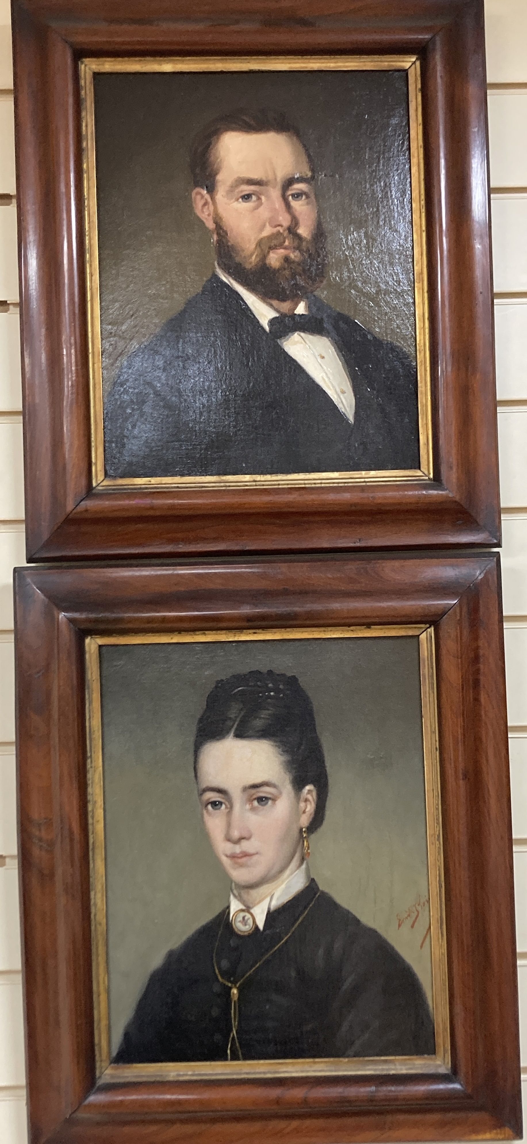 Emile Boivin (19th C.), pair of oils on canvas, Portrait of a husband wife, signed and one dated 1875, 36 x 28cm